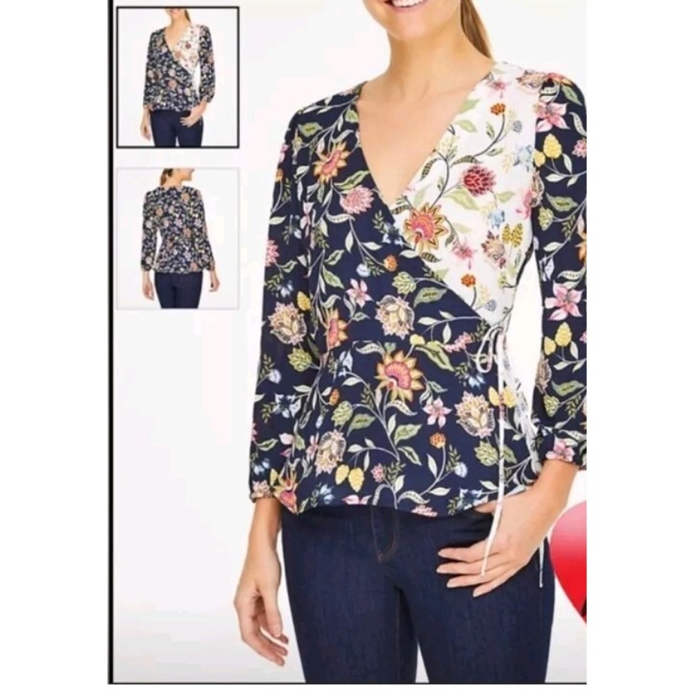 LOFT Women's Floral Print Wrap Blouse Petite L Patchwork Boho Peasant Fit Flare